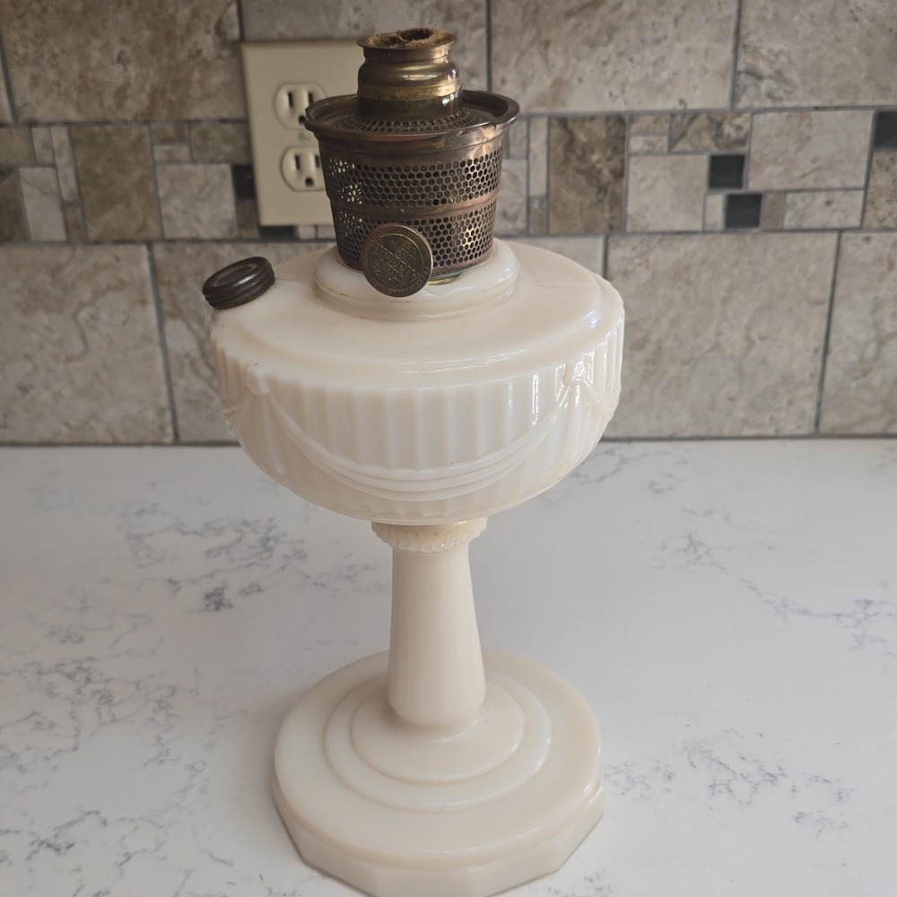 Aladdin White Draped Glass Oil Lamp with Metal Burner and Knob Control